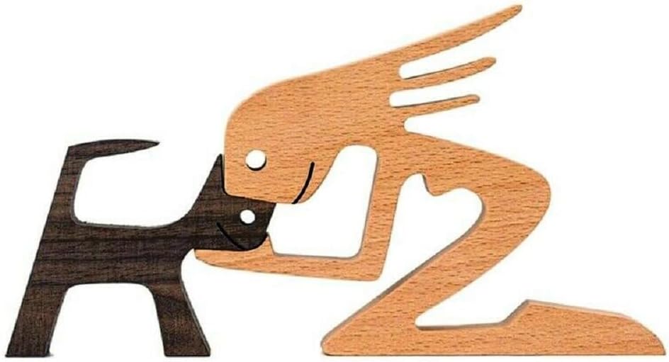 FHDTW Handmade Wooden Unique Gift for Dog Lover, Wooden Man and Dog Carving Statue, Wood Sculpture Home Office Tabletop Figurine Carved Wood Decor (A)