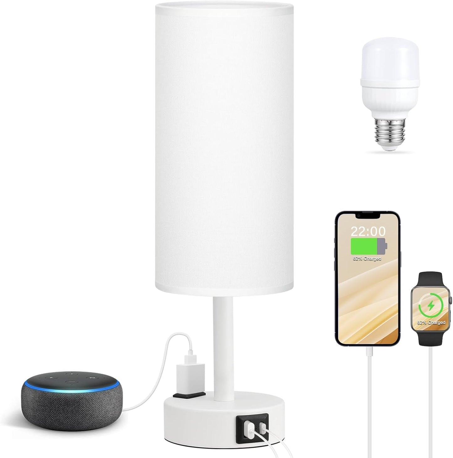 Bedside Table Lamp for Bedroom - 3 Way Dimmable Touch Lamp USB C Charging Ports and AC Outlet, Small Lamp Wood Base Round Flaxen Fabric Shade for Living Room, Desk, LED Bulb Included