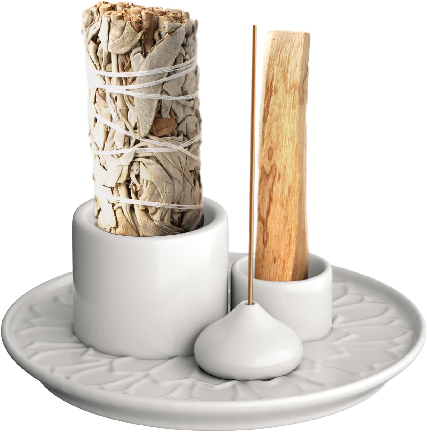 Palo Santo Holder – 4 in 1 Ceramic Incense & Candle Burner Ash Catcher Tray for Smudging, Meditation, Yoga, Relaxation – Heat Resistant, Easy to Clean