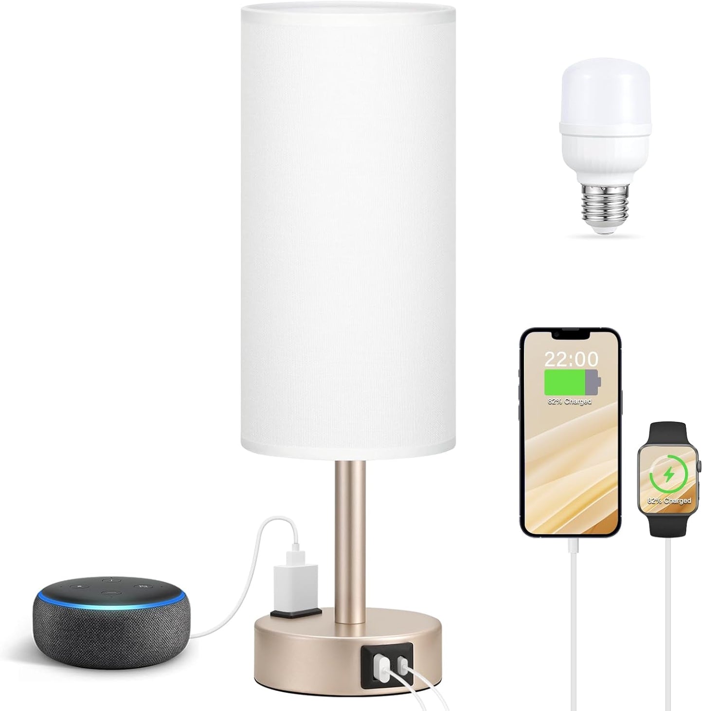 Bedside Table Lamp for Bedroom - 3 Way Dimmable Touch Lamp USB C Charging Ports and AC Outlet, Small Lamp Wood Base Round Flaxen Fabric Shade for Living Room, Desk, LED Bulb Included
