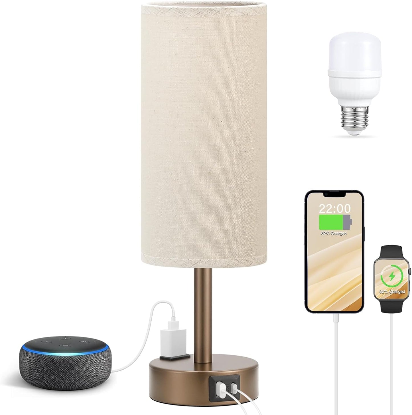 Bedside Table Lamp for Bedroom - 3 Way Dimmable Touch Lamp USB C Charging Ports and AC Outlet, Small Lamp Wood Base Round Flaxen Fabric Shade for Living Room, Desk, LED Bulb Included