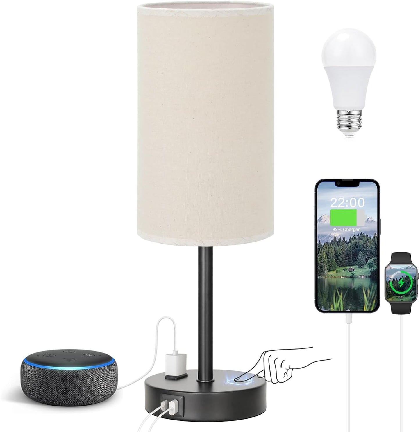 Bedside Table Lamp for Bedroom - 3 Way Dimmable Touch Lamp USB C Charging Ports and AC Outlet, Small Lamp Wood Base Round Flaxen Fabric Shade for Living Room, Desk, LED Bulb Included