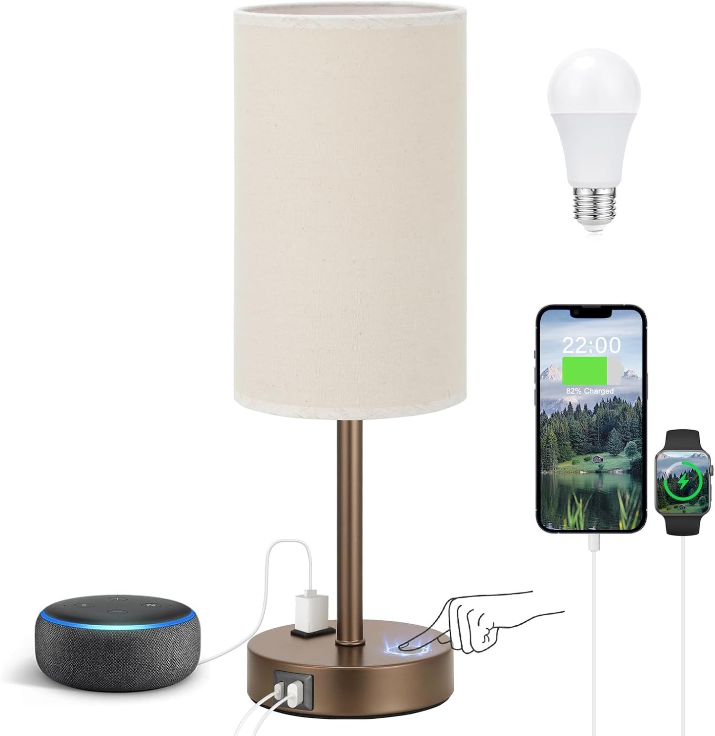 Bedside Table Lamp for Bedroom - 3 Way Dimmable Touch Lamp USB C Charging Ports and AC Outlet, Small Lamp Wood Base Round Flaxen Fabric Shade for Living Room, Desk, LED Bulb Included