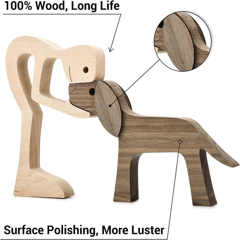 FHDTW Handmade Wooden Unique Gift for Dog Lover, Wooden Man and Dog Carving Statue, Wood Sculpture Home Office Tabletop Figurine Carved Wood Decor (A)