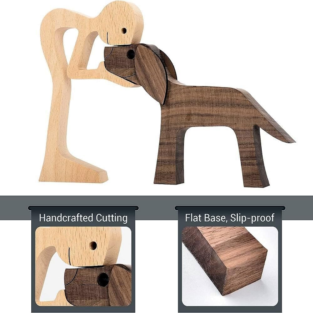 FHDTW Handmade Wooden Unique Gift for Dog Lover, Wooden Man and Dog Carving Statue, Wood Sculpture Home Office Tabletop Figurine Carved Wood Decor (A)