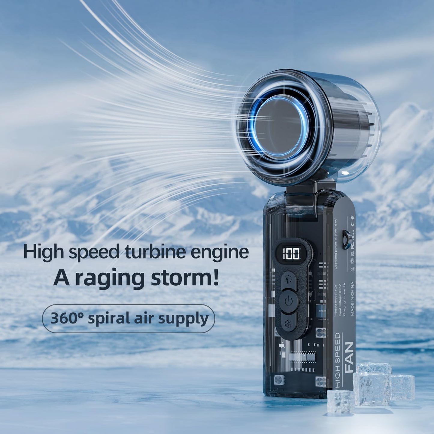 Fay Bless Portable Handheld Fan Rechargeable – LED Turbo Fan with Foldable Design, LED Light, Long Battery Life, Personal Mini Fan for Travel, Camping, Outdoor, Desktop Cooling
