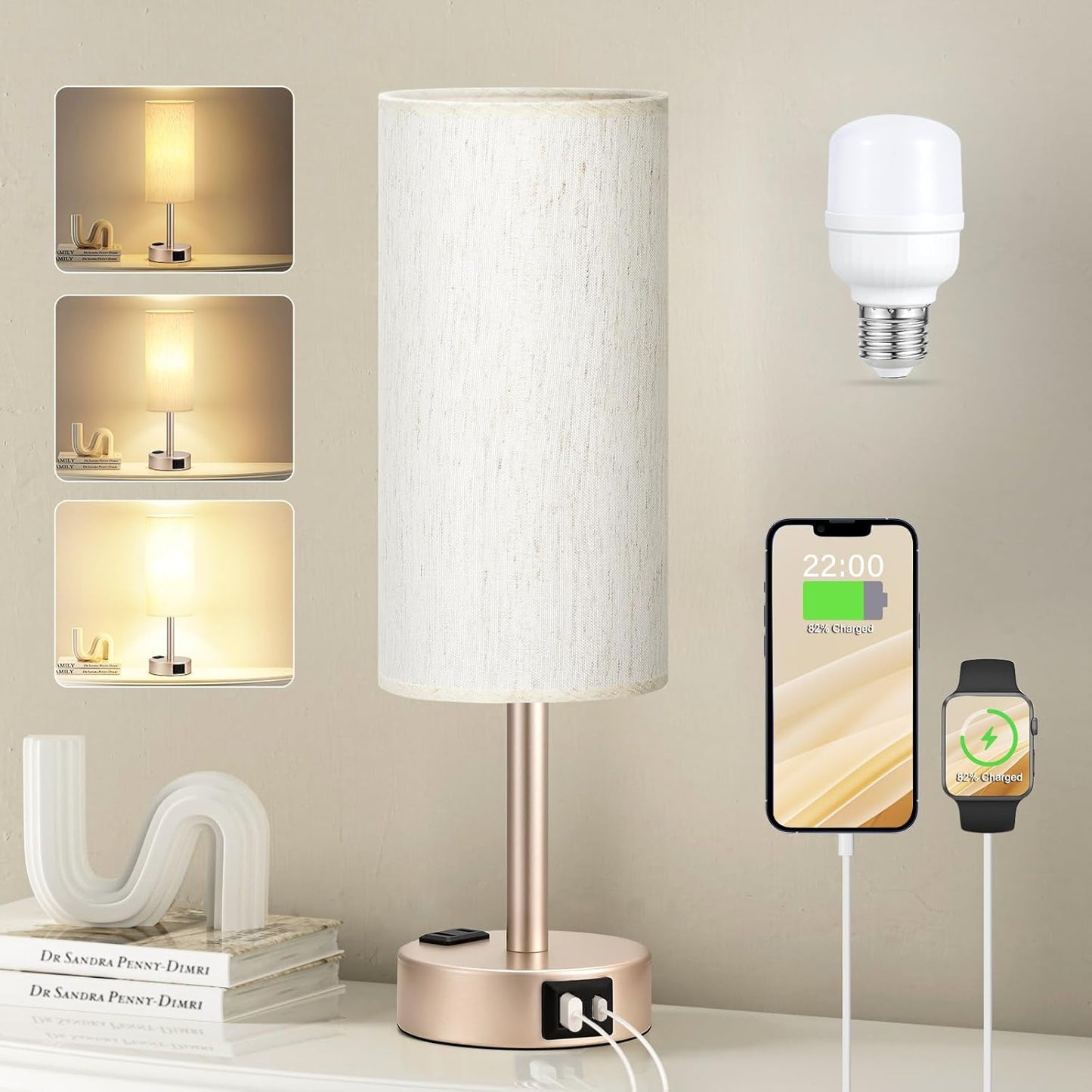 Bedside Table Lamp for Bedroom - 3 Way Dimmable Touch Lamp USB C Charging Ports and AC Outlet, Small Lamp Wood Base Round Flaxen Fabric Shade for Living Room, Desk, LED Bulb Included