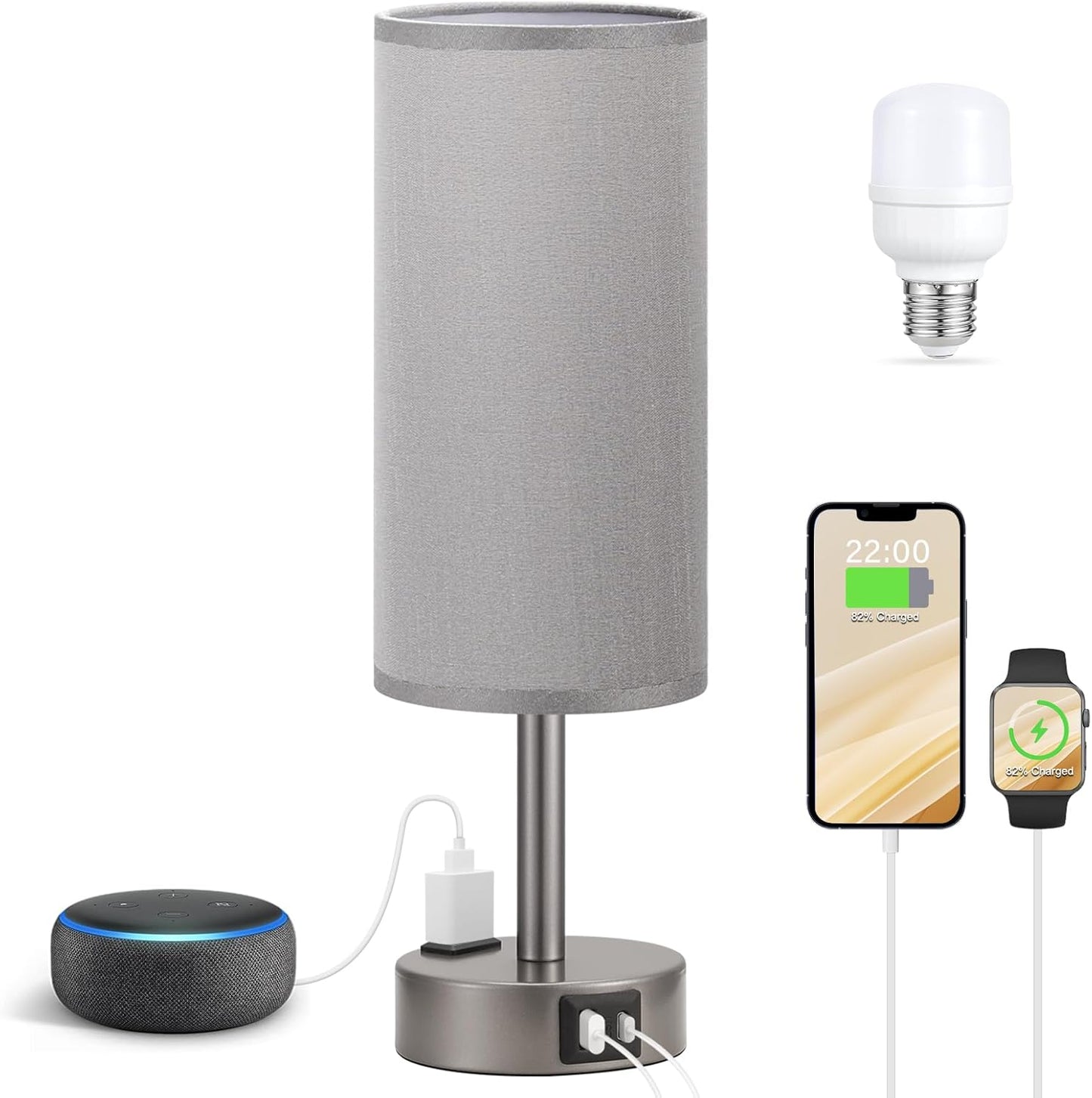 Bedside Table Lamp for Bedroom - 3 Way Dimmable Touch Lamp USB C Charging Ports and AC Outlet, Small Lamp Wood Base Round Flaxen Fabric Shade for Living Room, Desk, LED Bulb Included