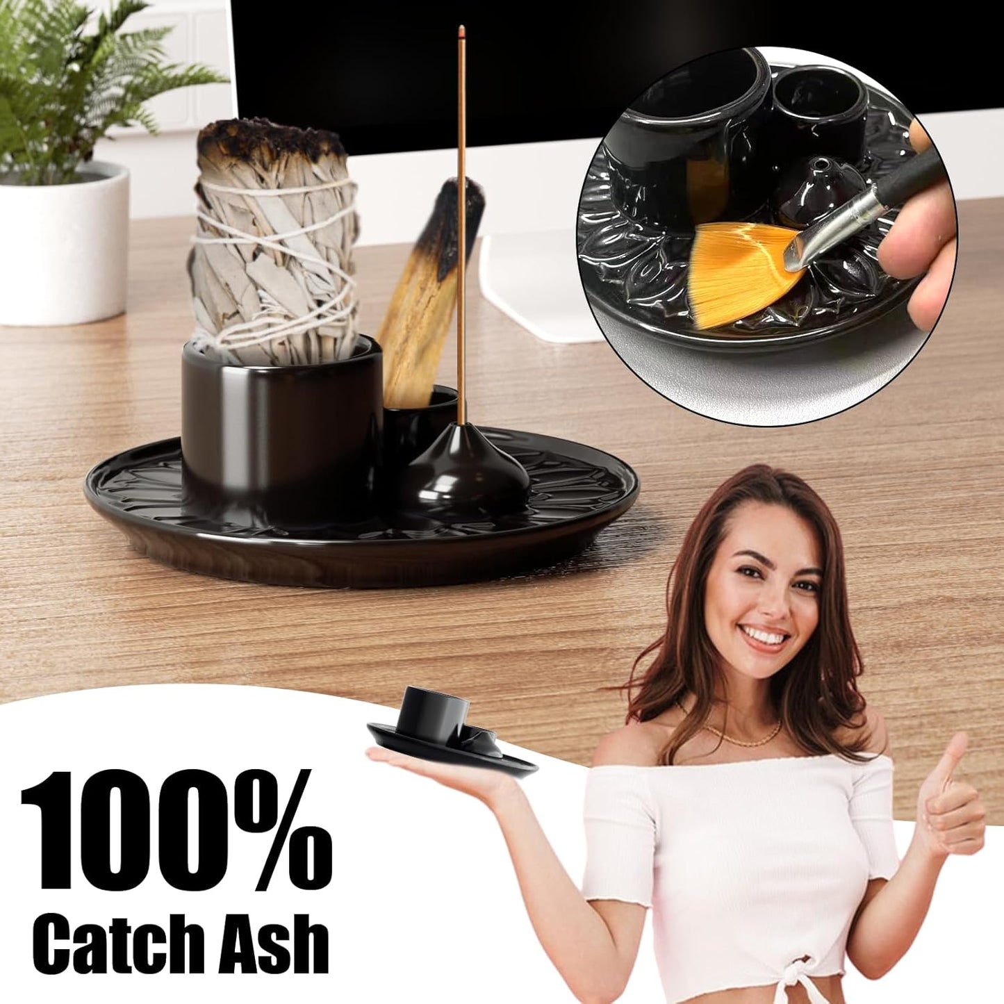 Palo Santo Holder – 4 in 1 Ceramic Incense & Candle Burner Ash Catcher Tray for Smudging, Meditation, Yoga, Relaxation – Heat Resistant, Easy to Clean