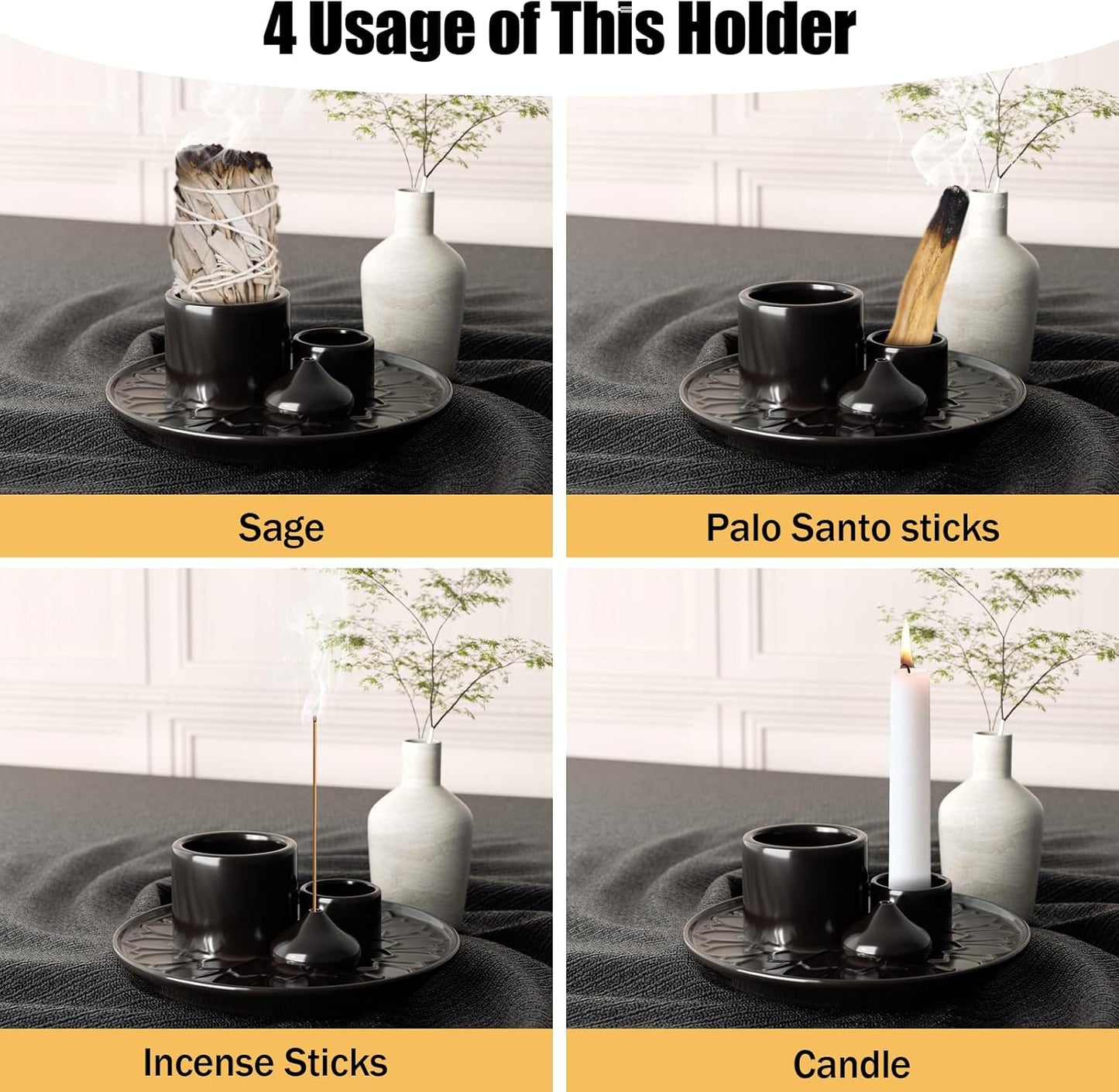 Palo Santo Holder – 4 in 1 Ceramic Incense & Candle Burner Ash Catcher Tray for Smudging, Meditation, Yoga, Relaxation – Heat Resistant, Easy to Clean