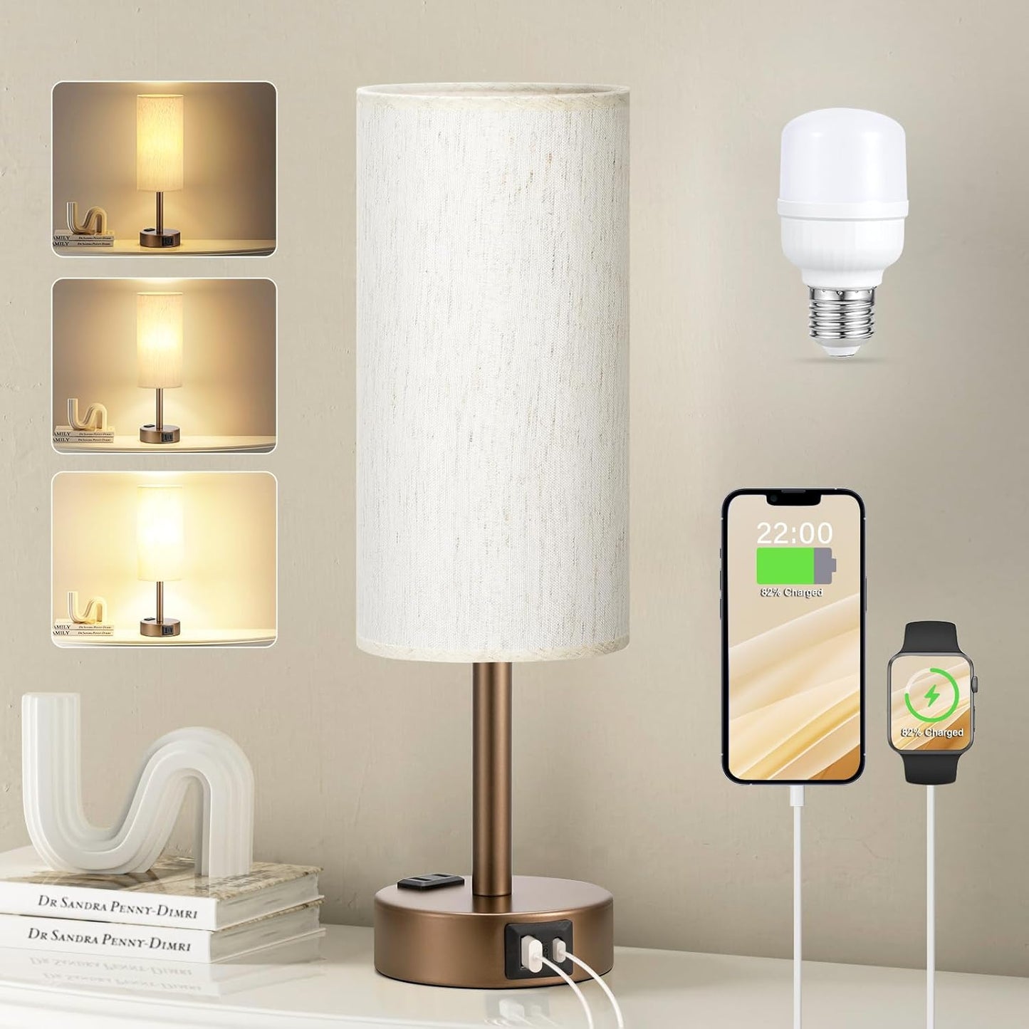 Bedside Table Lamp for Bedroom - 3 Way Dimmable Touch Lamp USB C Charging Ports and AC Outlet, Small Lamp Wood Base Round Flaxen Fabric Shade for Living Room, Desk, LED Bulb Included