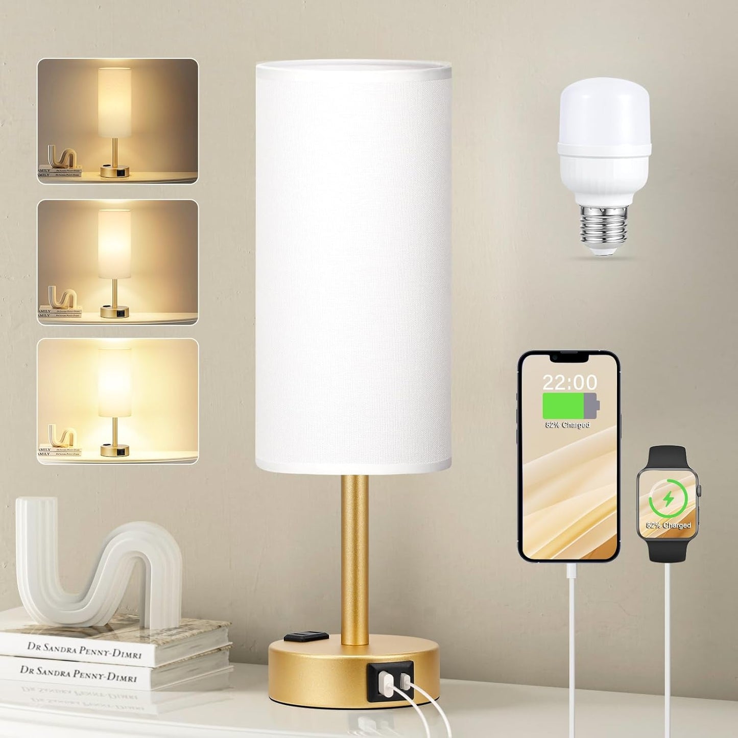 Bedside Table Lamp for Bedroom - 3 Way Dimmable Touch Lamp USB C Charging Ports and AC Outlet, Small Lamp Wood Base Round Flaxen Fabric Shade for Living Room, Desk, LED Bulb Included
