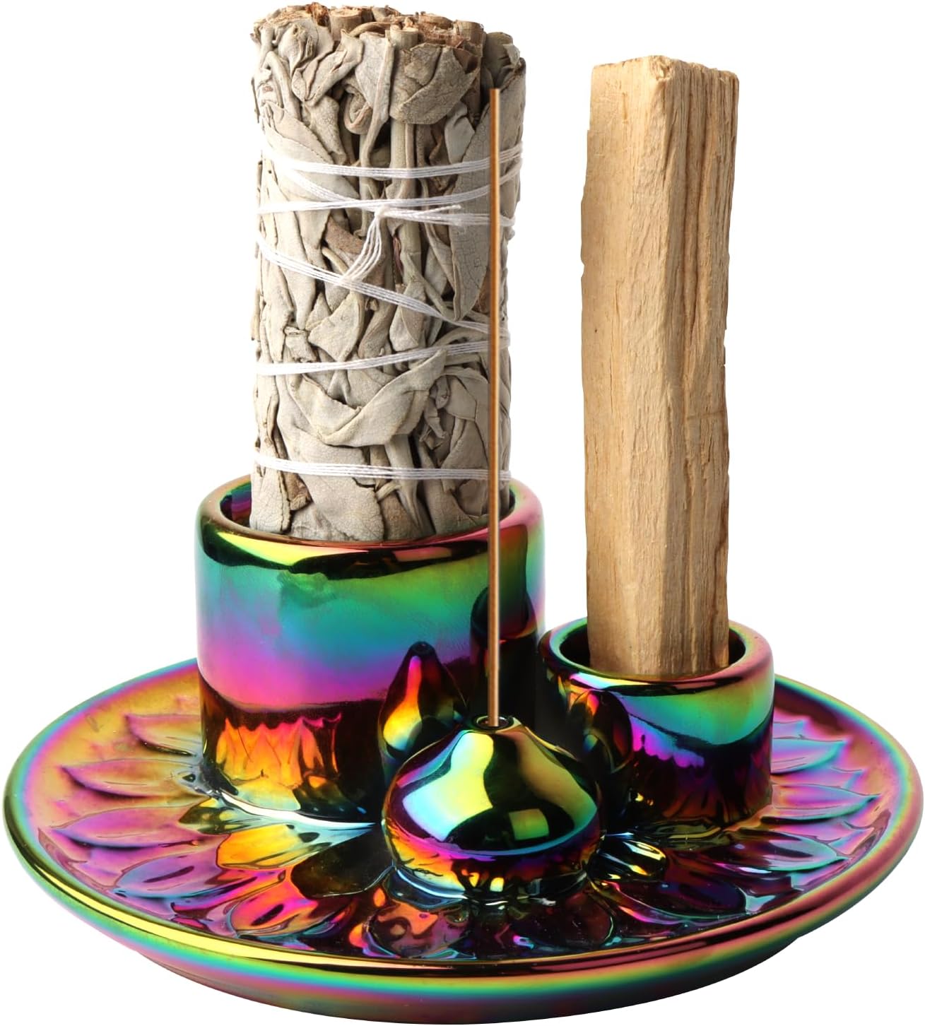 Palo Santo Holder – 4 in 1 Ceramic Incense & Candle Burner Ash Catcher Tray for Smudging, Meditation, Yoga, Relaxation – Heat Resistant, Easy to Clean