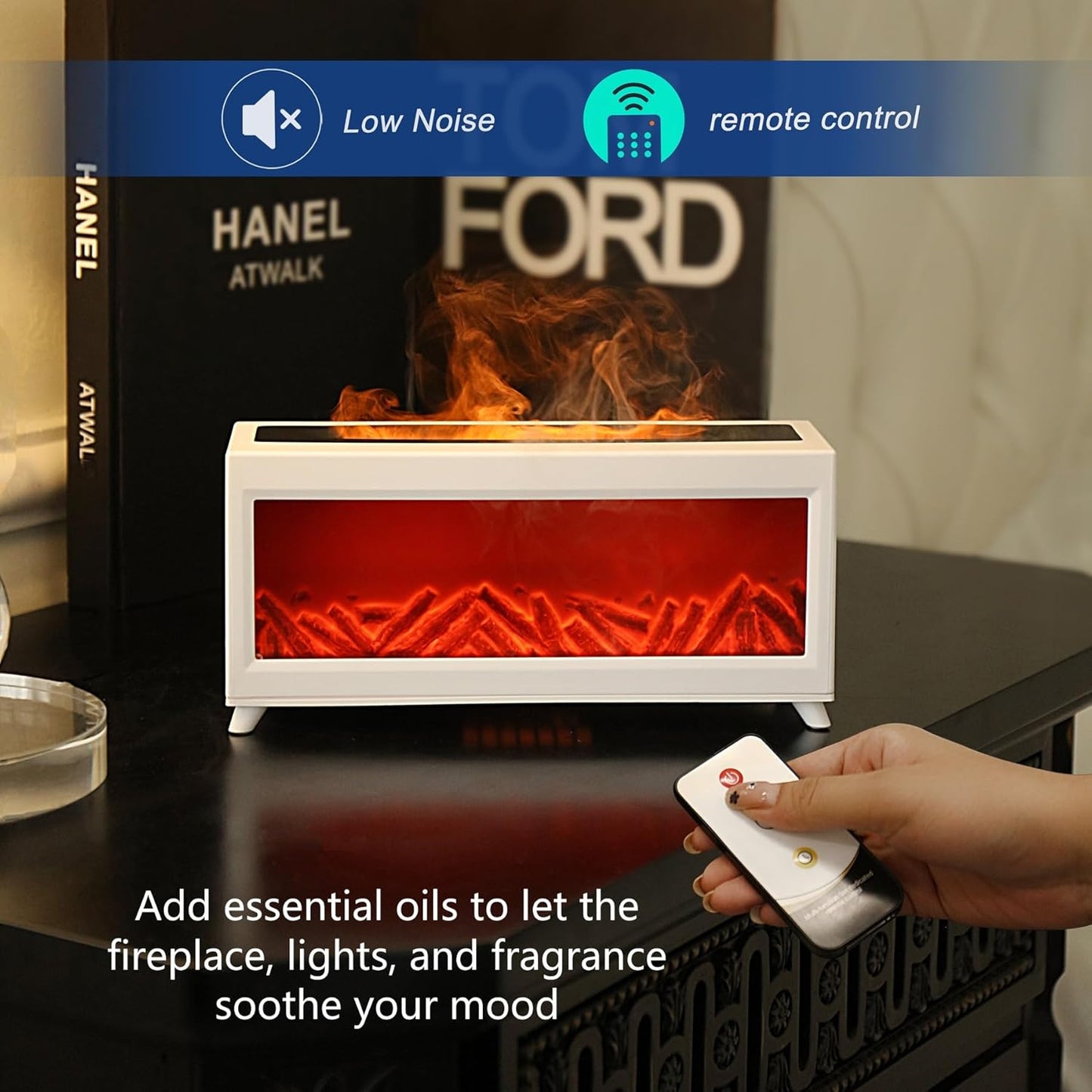 Essential Oil Diffuser,Aromatherapy Diffuser,220ml Ultrasonic Cool Mist Humidifier, Fireplace Colorful Flame Oil Diffusers for Home, Large Room, Office, Timer or Waterless Auto-Off. (White)