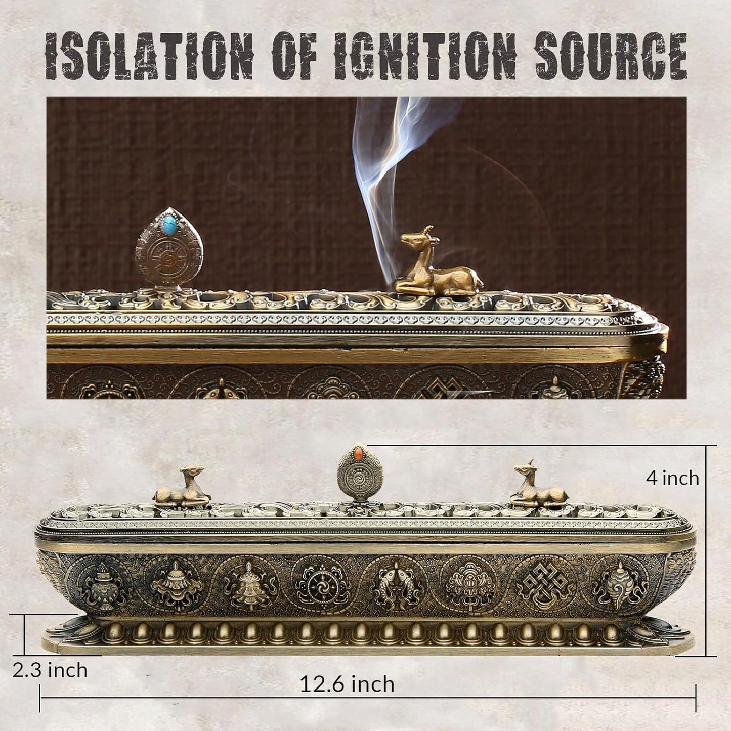 Soportista de incienso de cobre vintage con cenizas - Design de la rueda de ciervo y dharma para meditación, yoga y decoración del hogar