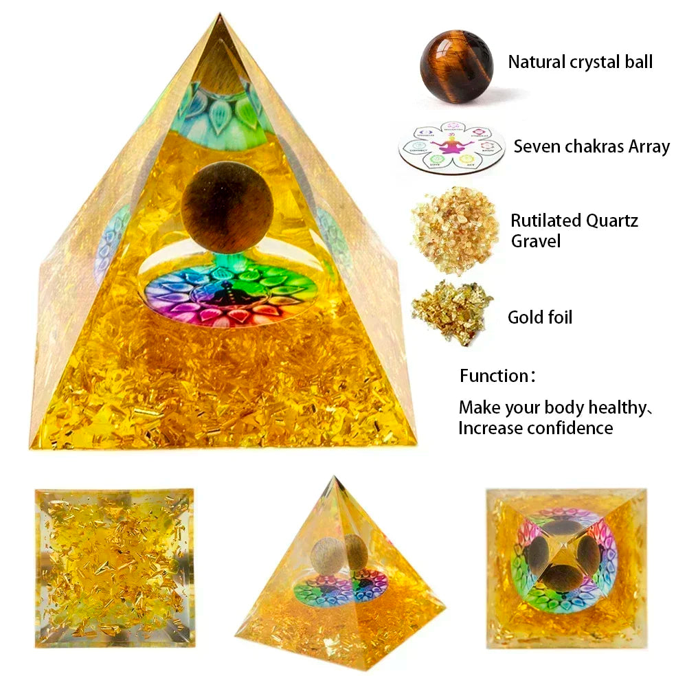 Natural Crystal Energy Generator Pyramid - Peridot Amethyst Reiki Healing Chakra Resin Pyramid Egyptian Home Decor