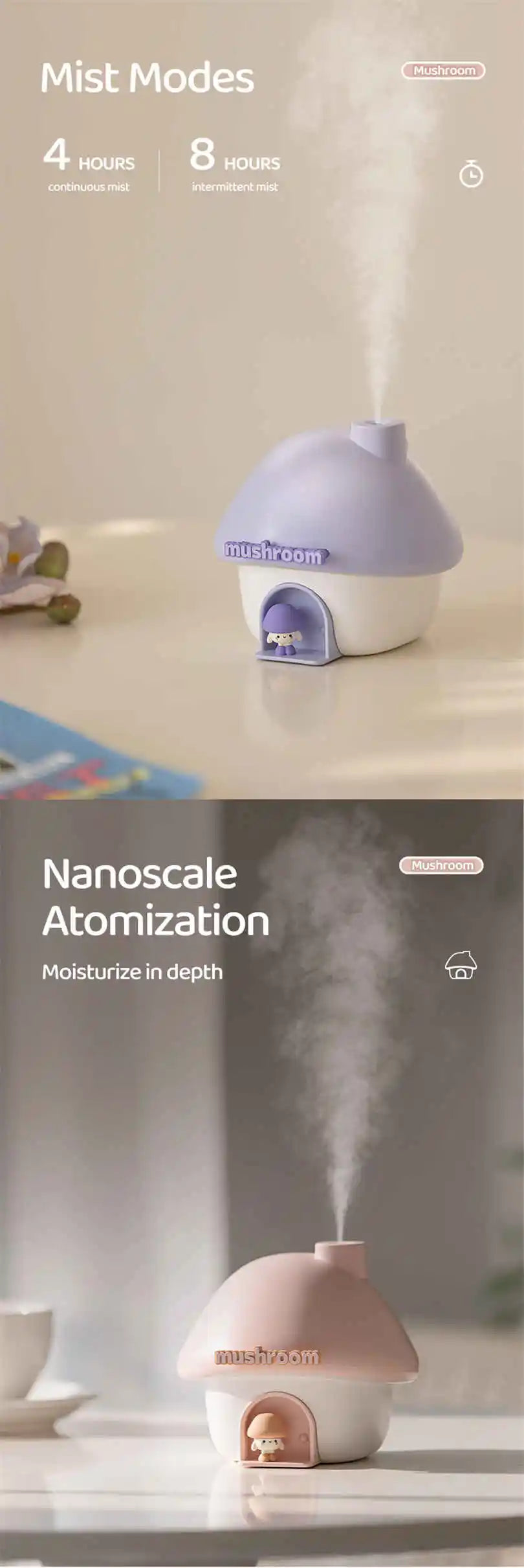 Ultrasonic USB Rechargeable Mini Air Humidifier 300ml Portable Mushroom Wireless Air Humidifiers With Sunset Night Lamp For Home
