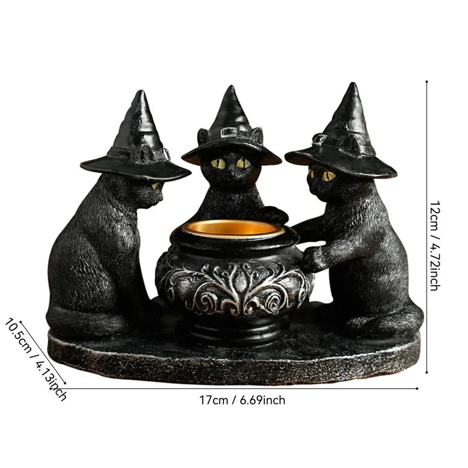 Halloween Magic Cat Candle Holder Ghost Witch Statue Desktop Candlestick for Halloween Haunting Party Festival Home Decor Gift