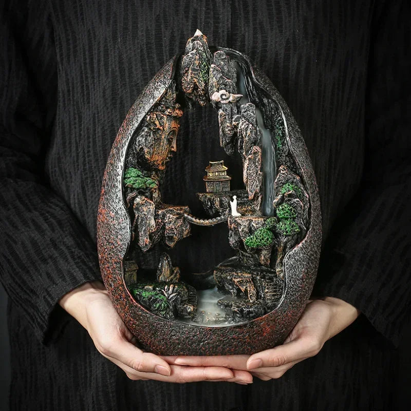 Zen Buddha Resin Ornament Landscape Waterfall Backflow Incense Burner Home Decor Censer Tea Pet (Without Incense)