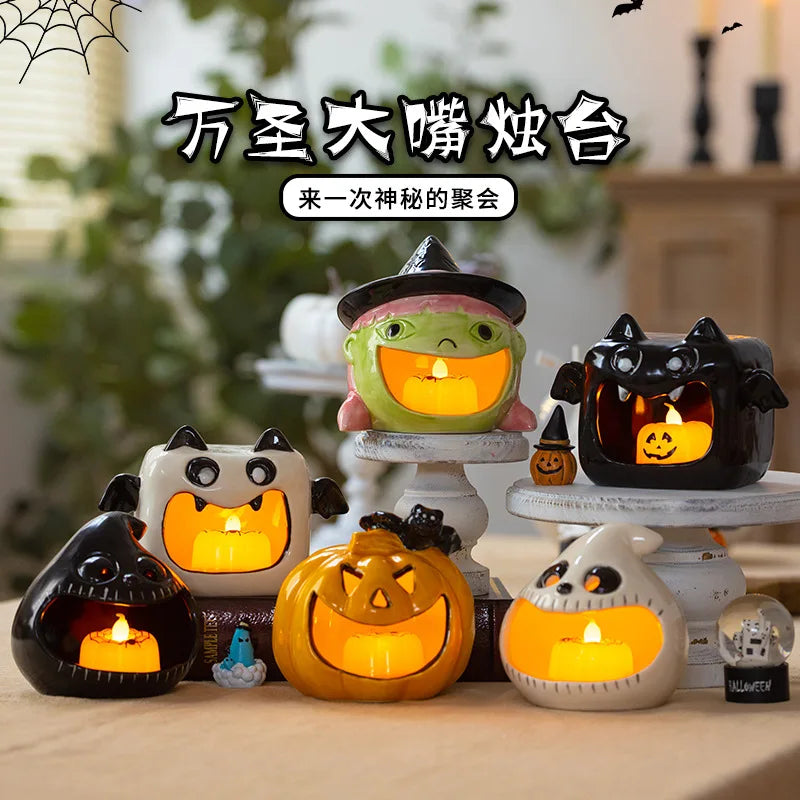 Halloween Ceramic Candle Holder Cute Ghost Pumpkin Candlestick Halloween Decoration 2025 Desk Ornament Day of The Dead Decor
