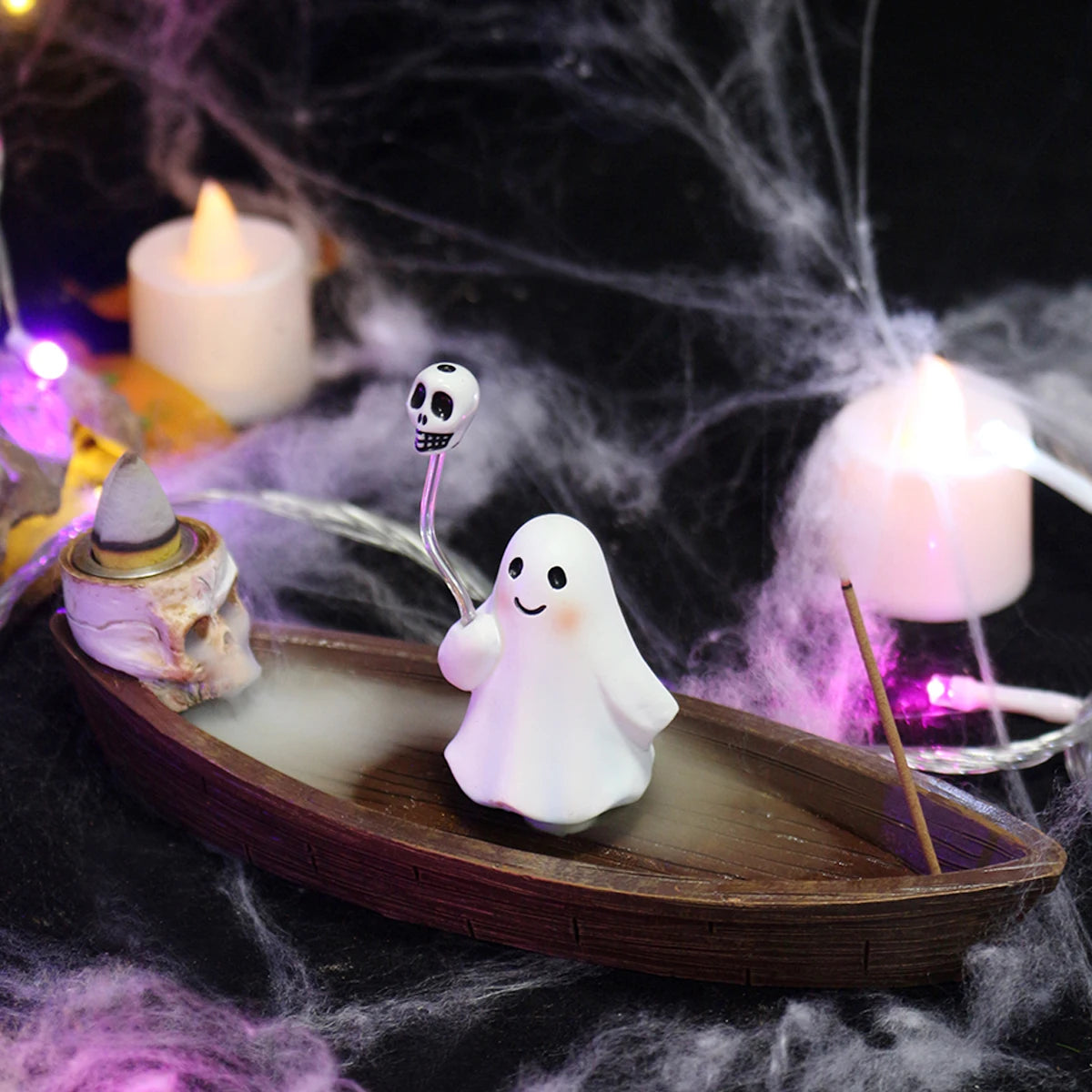 1Pc Resin Rotating Ghost Skeleton Boat Aromatherapy Stand, Halloween Home Decoration, Skeleton Incense Burner Bracket