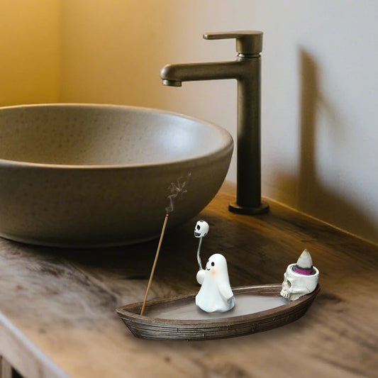 1Pc Resin Rotating Ghost Skeleton Boat Aromatherapy Stand, Halloween Home Decoration, Skeleton Incense Burner Bracket