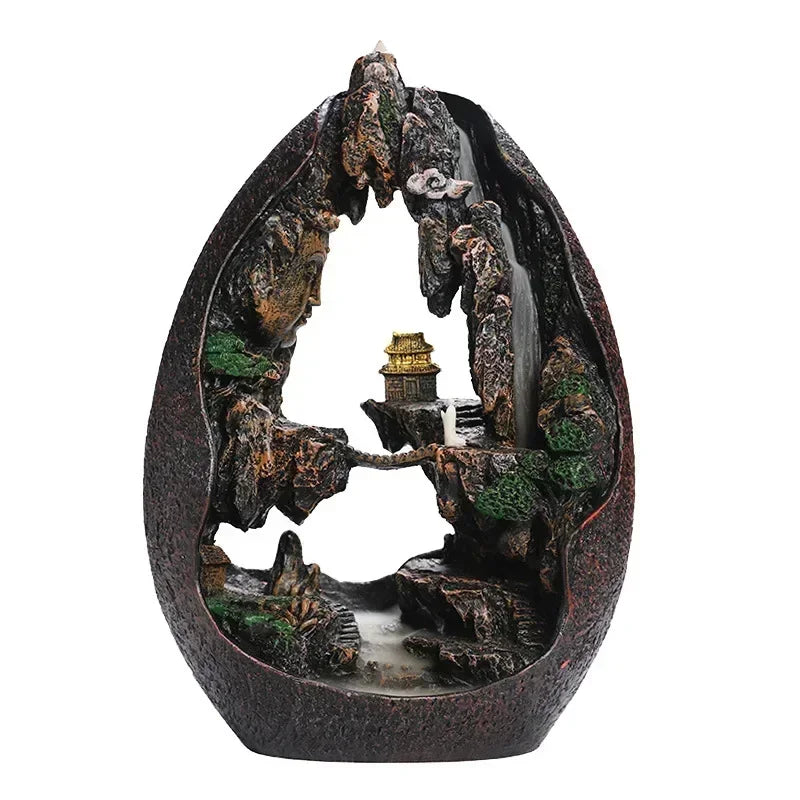 Zen Buddha Resin Ornament Landscape Waterfall Backflow Incense Burner Home Decor Censer Tea Pet (Without Incense)