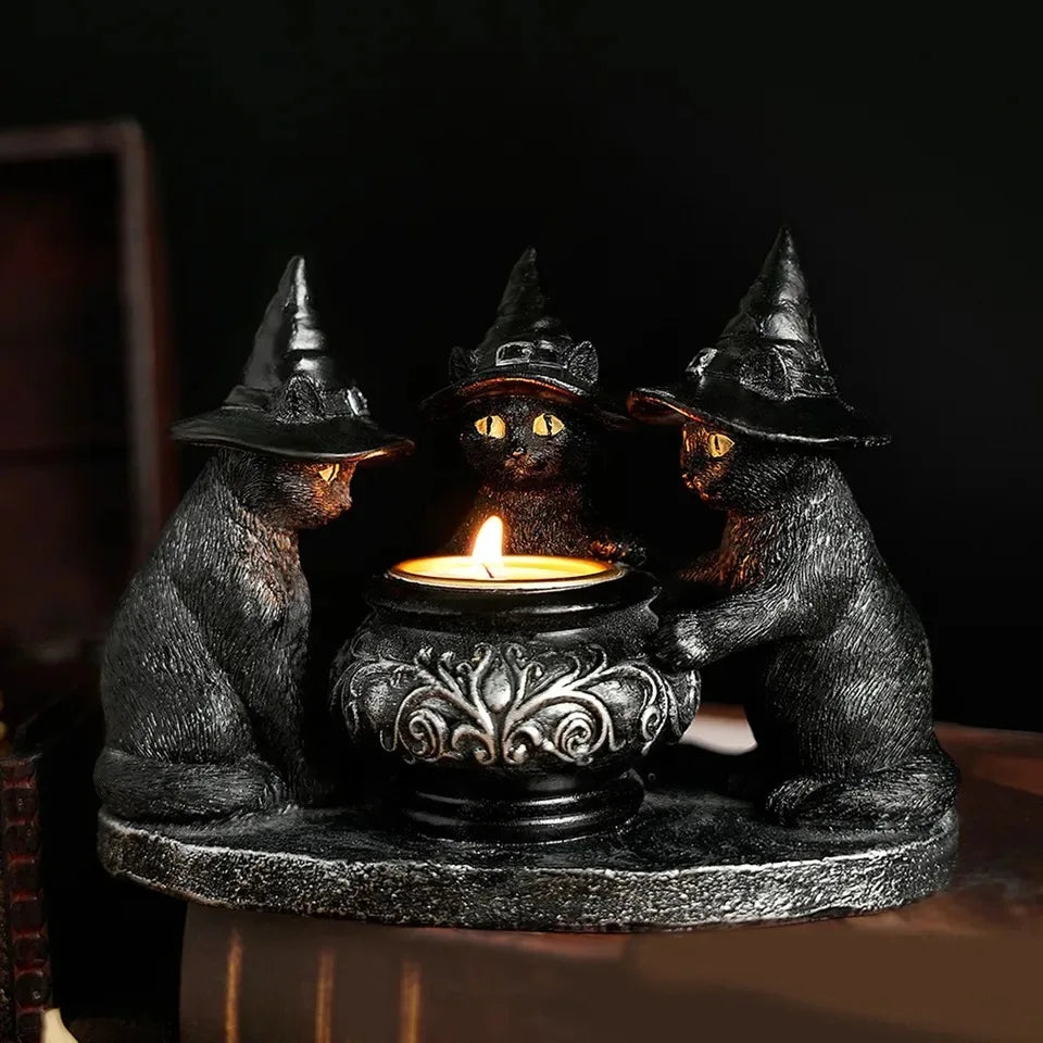 Halloween Magic Cat Candle Holder Ghost Witch Statue Desktop Candlestick for Halloween Haunting Party Festival Home Decor Gift