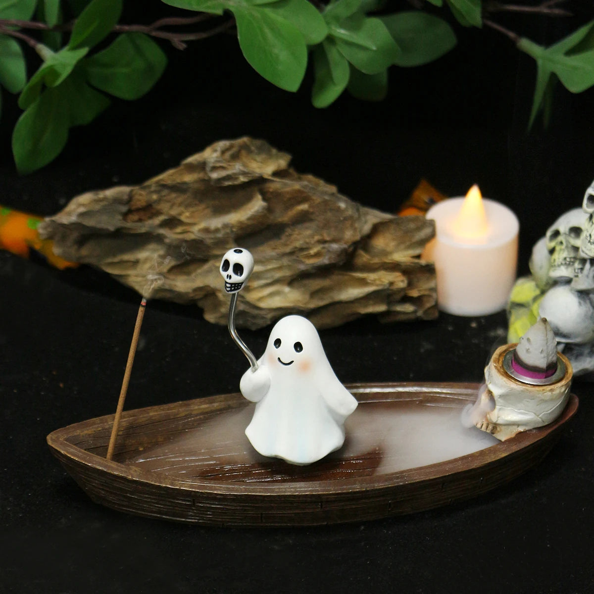1Pc Resin Rotating Ghost Skeleton Boat Aromatherapy Stand, Halloween Home Decoration, Skeleton Incense Burner Bracket