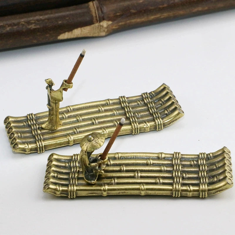 Bronze Small Bamboo Raft Incense Burners Ornaments Vintage Incense Base Incense Stick Holder Stand Tray Ash Catcher Plate