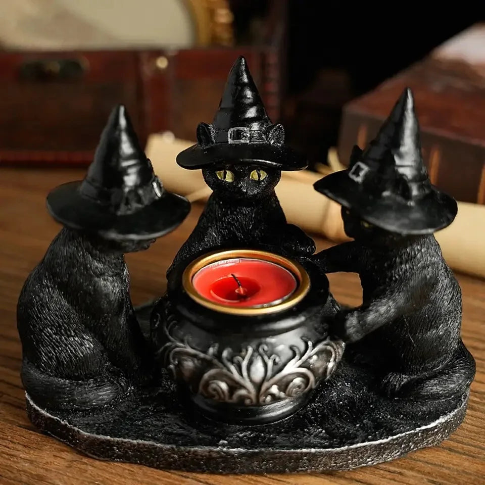 Halloween Magic Cat Candle Holder Ghost Witch Statue Desktop Candlestick for Halloween Haunting Party Festival Home Decor Gift