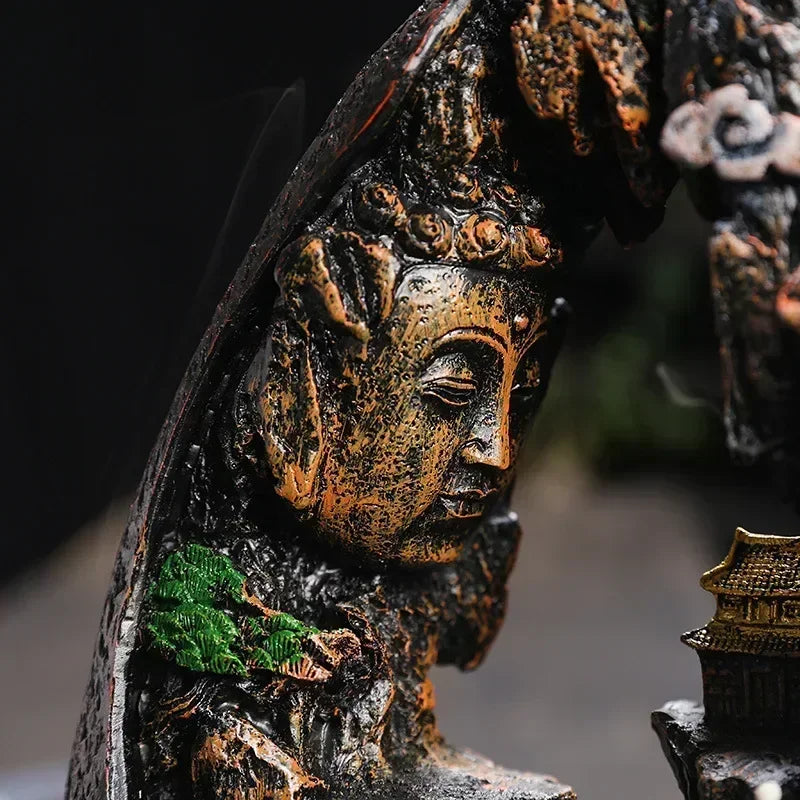 Zen Buddha Resin Ornament Landscape Waterfall Backflow Incense Burner Home Decor Censer Tea Pet (Without Incense)