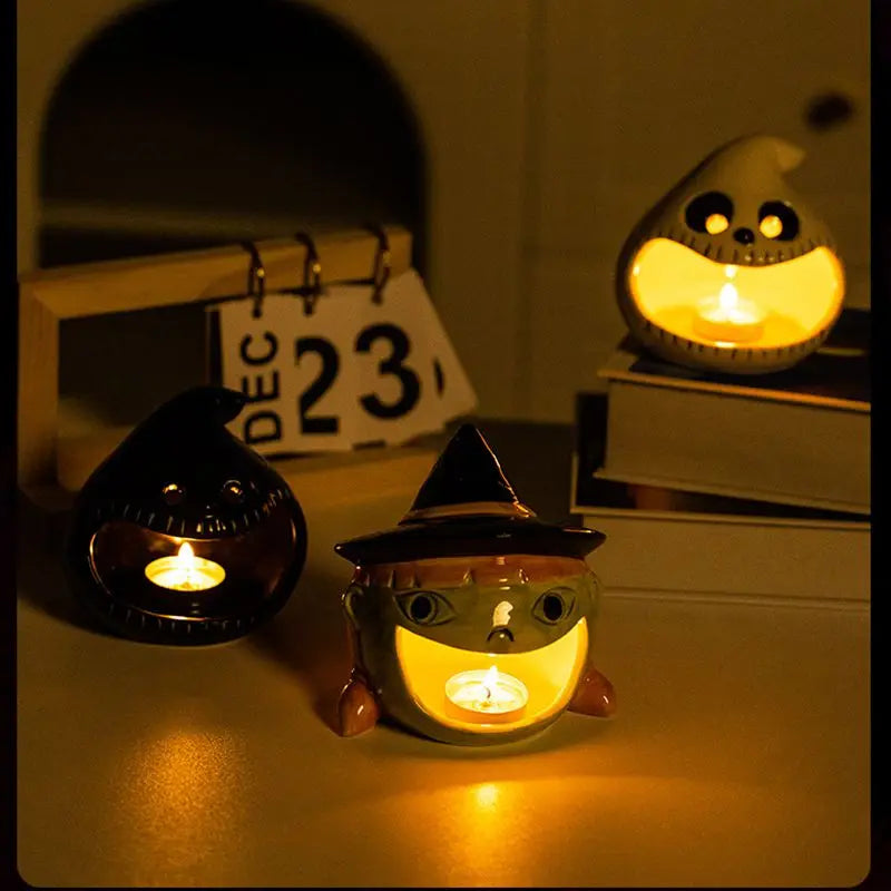 Halloween Ceramic Candle Holder Cute Ghost Pumpkin Candlestick Halloween Decoration 2025 Desk Ornament Day of The Dead Decor