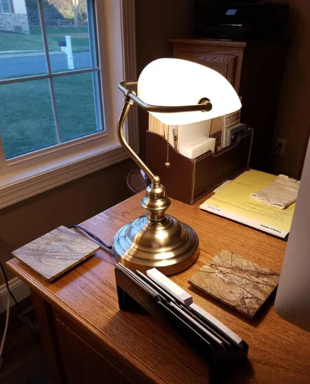 Glass Banker's Desk Lamp with Zipper Switch - Vintage Table Light for Bedroom, Study, Library & Office