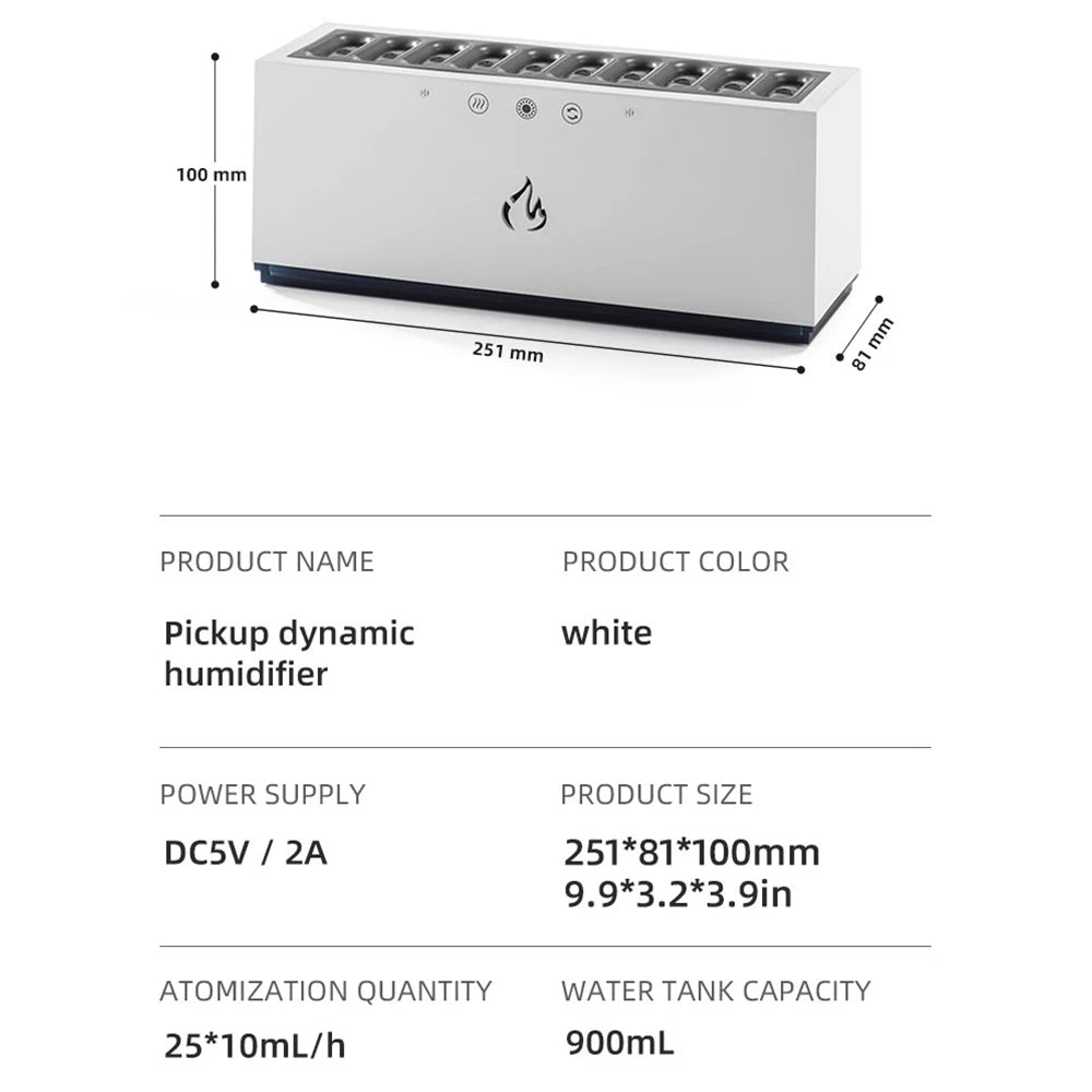 2025 New Desktop Pickup Dynamic Ultrasonic Air Humidifier Home 900ML RGB Led Flame Light USB Home Mini Humidifier Mist Maker
