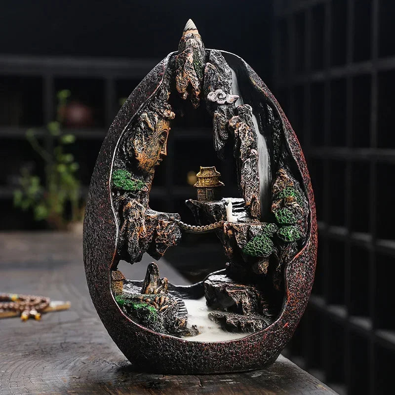 Zen Buddha Resin Ornament Landscape Waterfall Backflow Incense Burner Home Decor Censer Tea Pet (Without Incense)