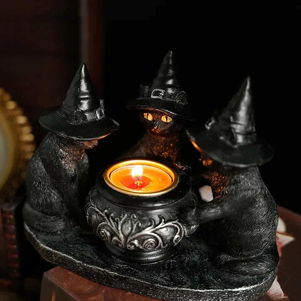 Halloween Magic Cat Candle Holder Ghost Witch Statue Desktop Candlestick for Halloween Haunting Party Festival Home Decor Gift
