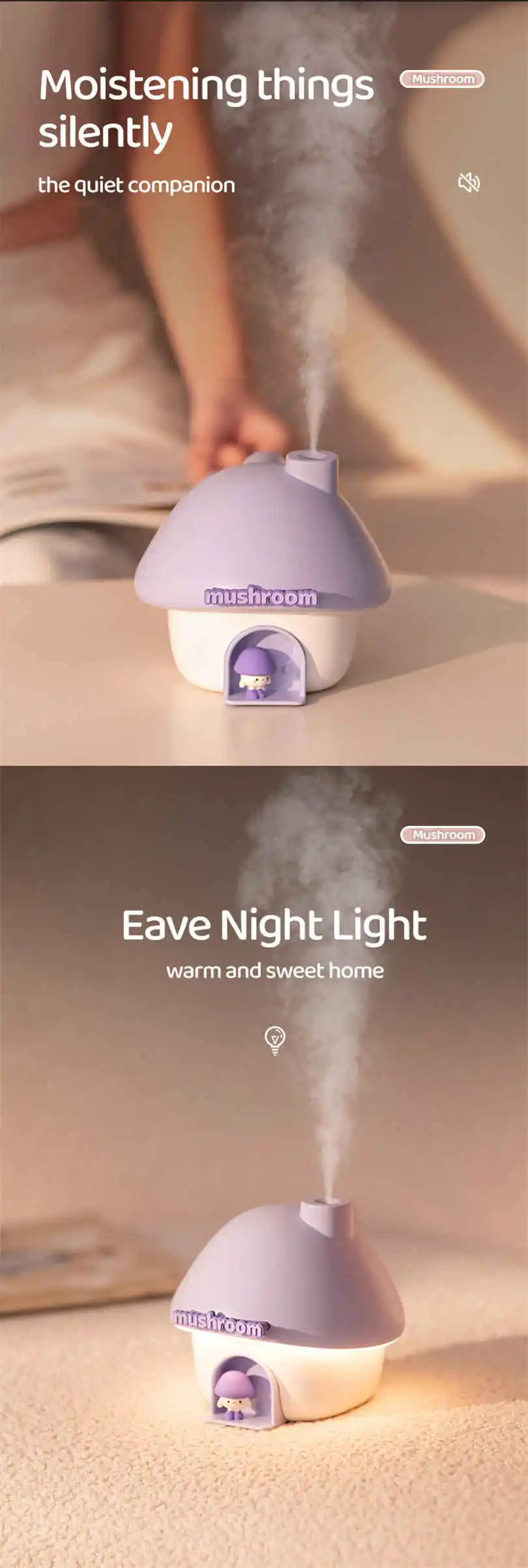 Ultrasonic USB Rechargeable Mini Air Humidifier 300ml Portable Mushroom Wireless Air Humidifiers With Sunset Night Lamp For Home