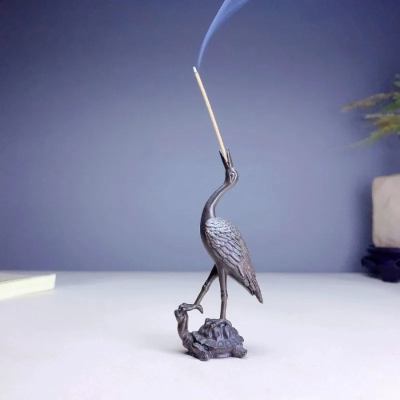 1pc Vintage Brass Animal Crane Small Statue Lucky Home Decorations Desk Ornaments Miniatures Figurines Crafts Incense Holder