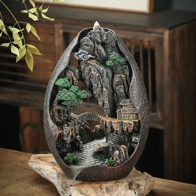 Zen Buddha Resin Ornament Landscape Waterfall Backflow Incense Burner Home Decor Censer Tea Pet (Without Incense)