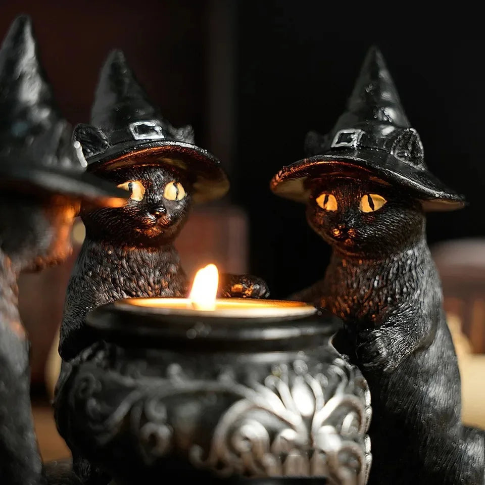 Halloween Magic Cat Candle Holder Ghost Witch Statue Desktop Candlestick for Halloween Haunting Party Festival Home Decor Gift