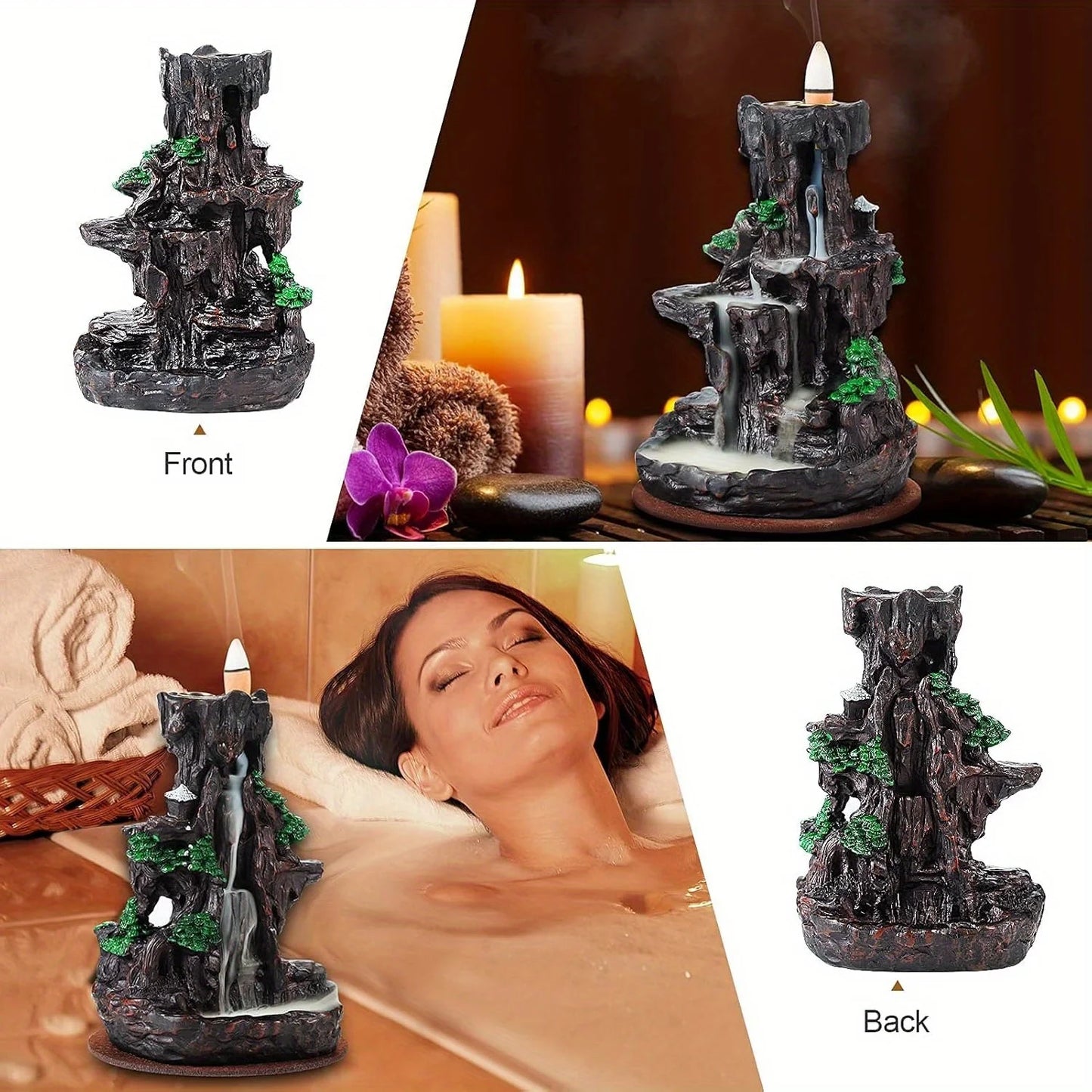 Incense Burner, Backflow Incense Holder 2 sides Waterfall Incense Burnier with 120 Backflow Incense Cones