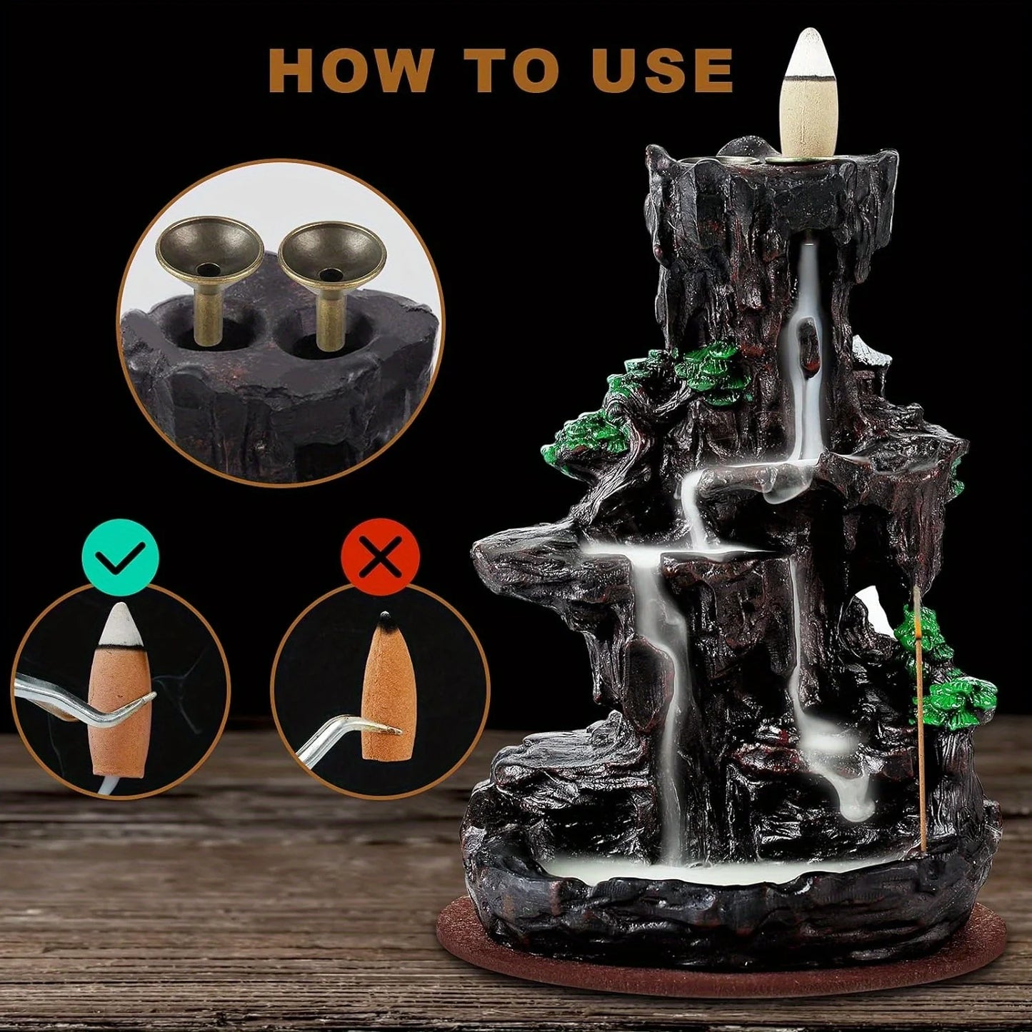Incense Burner, Backflow Incense Holder 2 sides Waterfall Incense Burnier with 120 Backflow Incense Cones
