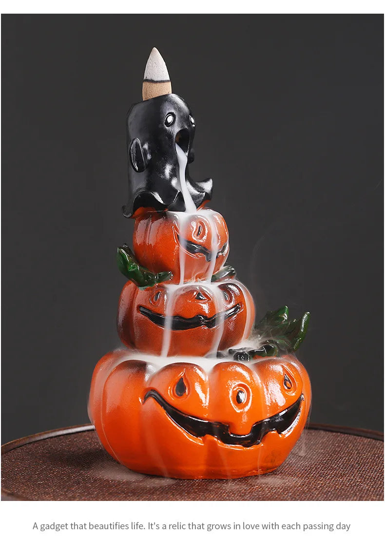 Resin Halloween Pumpkin Home Decor Ornament Waterfall Backflow Incense Burner Home Office Decorate (Without Incense)