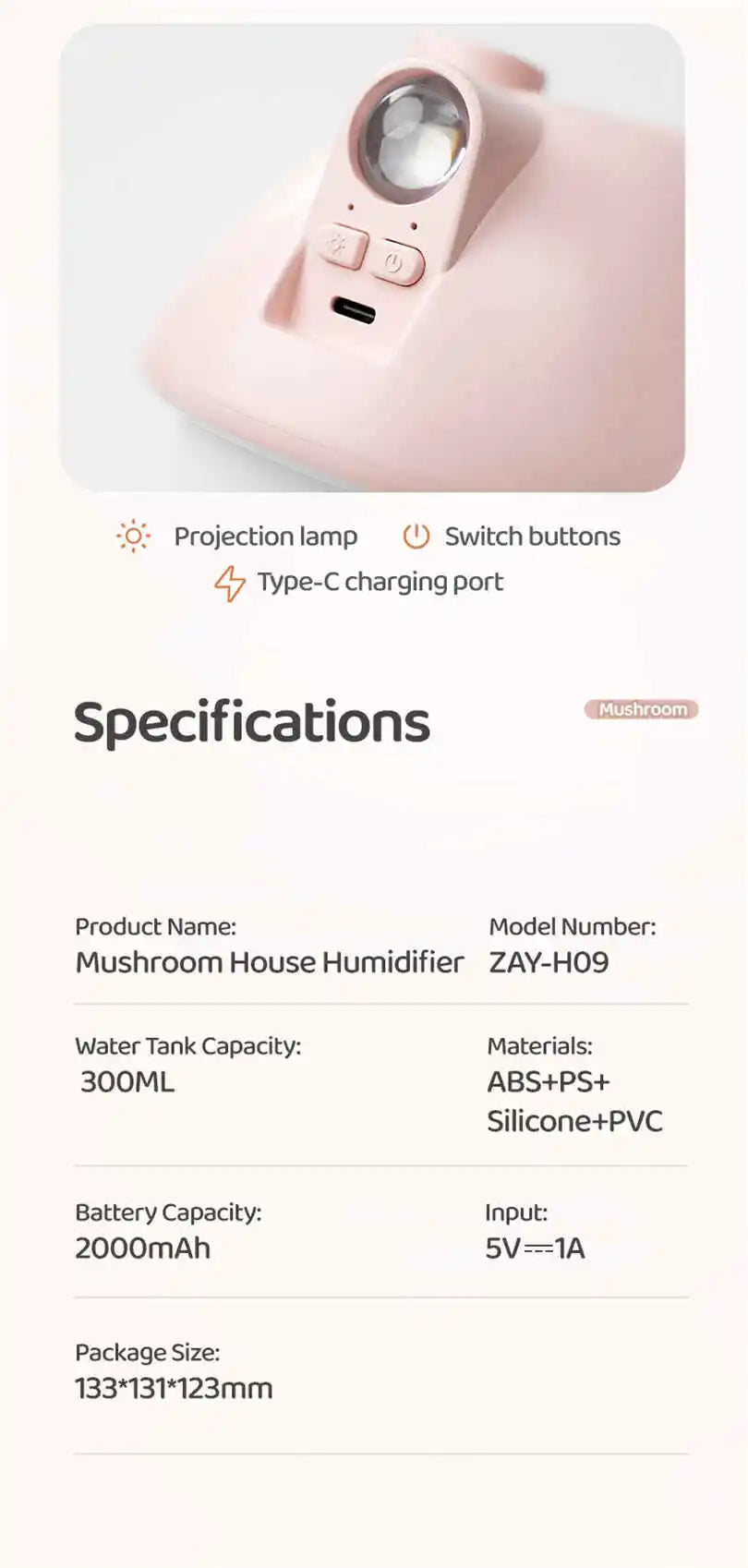 Ultrasonic USB Rechargeable Mini Air Humidifier 300ml Portable Mushroom Wireless Air Humidifiers With Sunset Night Lamp For Home
