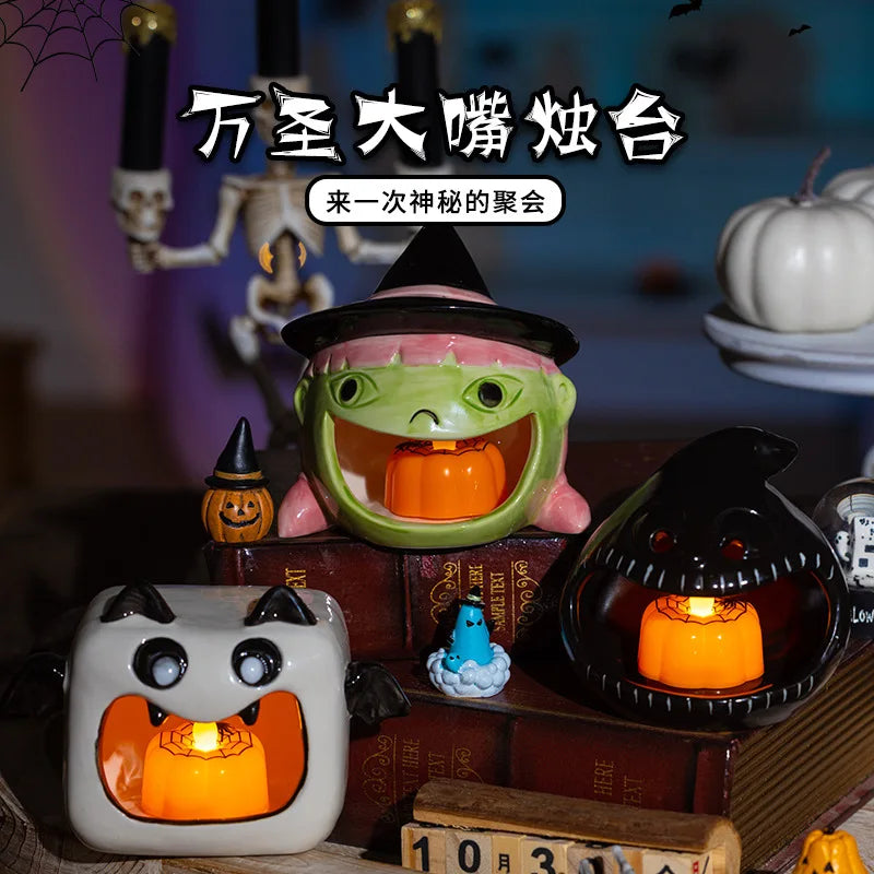 Halloween Ceramic Candle Holder Cute Ghost Pumpkin Candlestick Halloween Decoration 2025 Desk Ornament Day of The Dead Decor