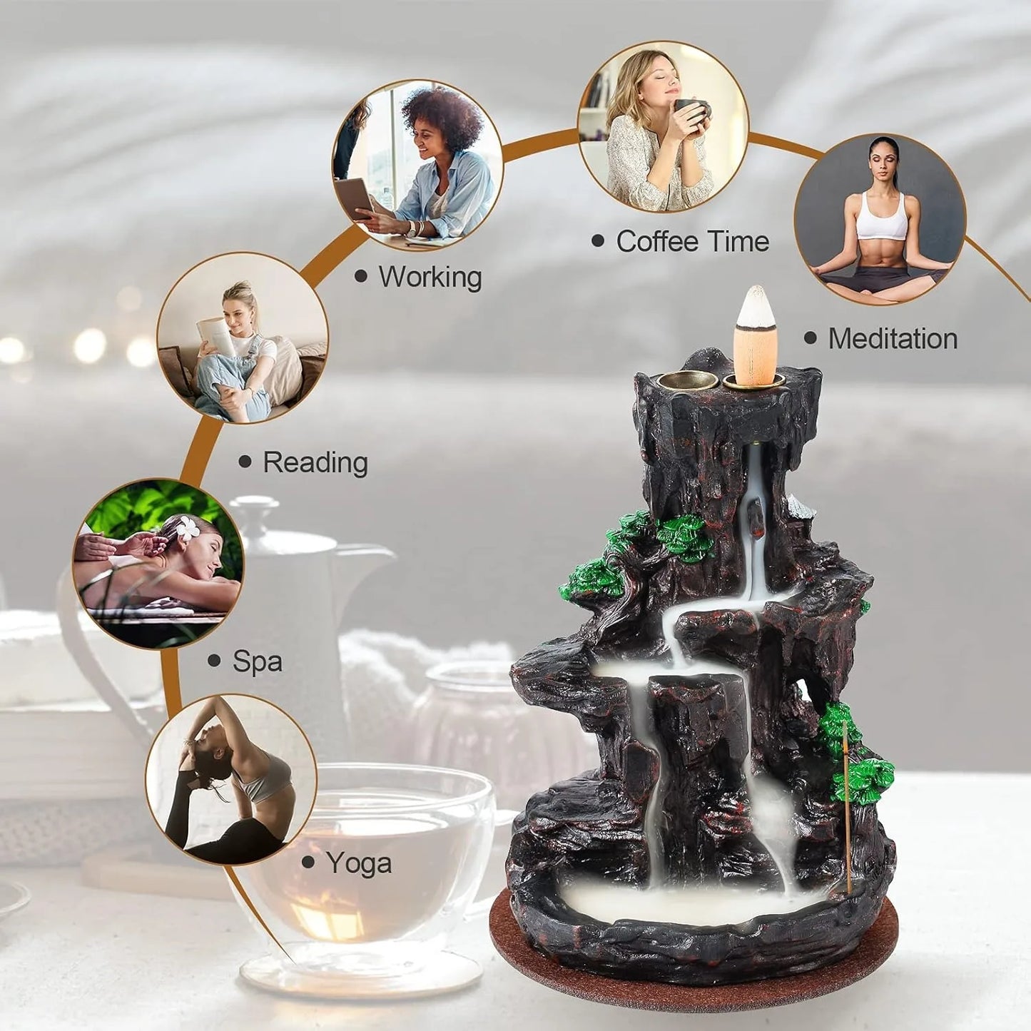 Incense Burner, Backflow Incense Holder 2 sides Waterfall Incense Burnier with 120 Backflow Incense Cones