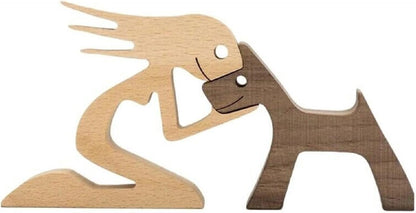 FHDTW Handmade Wooden Unique Gift for Dog Lover, Wooden Man and Dog Carving Statue, Wood Sculpture Home Office Tabletop Figurine Carved Wood Decor (A)