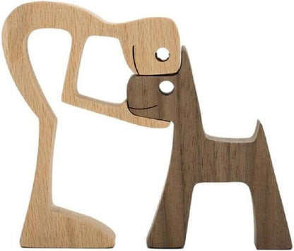 FHDTW Handmade Wooden Unique Gift for Dog Lover, Wooden Man and Dog Carving Statue, Wood Sculpture Home Office Tabletop Figurine Carved Wood Decor (A)