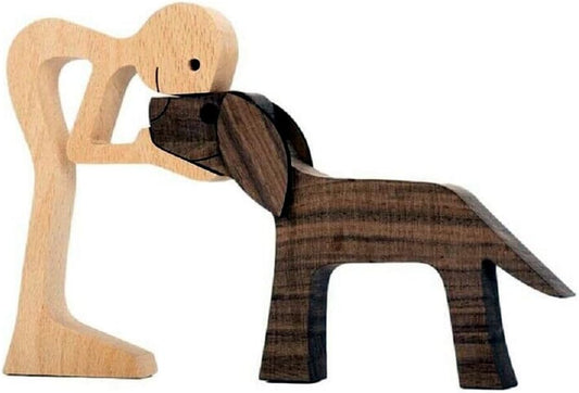 FHDTW Handmade Wooden Unique Gift for Dog Lover, Wooden Man and Dog Carving Statue, Wood Sculpture Home Office Tabletop Figurine Carved Wood Decor (A)